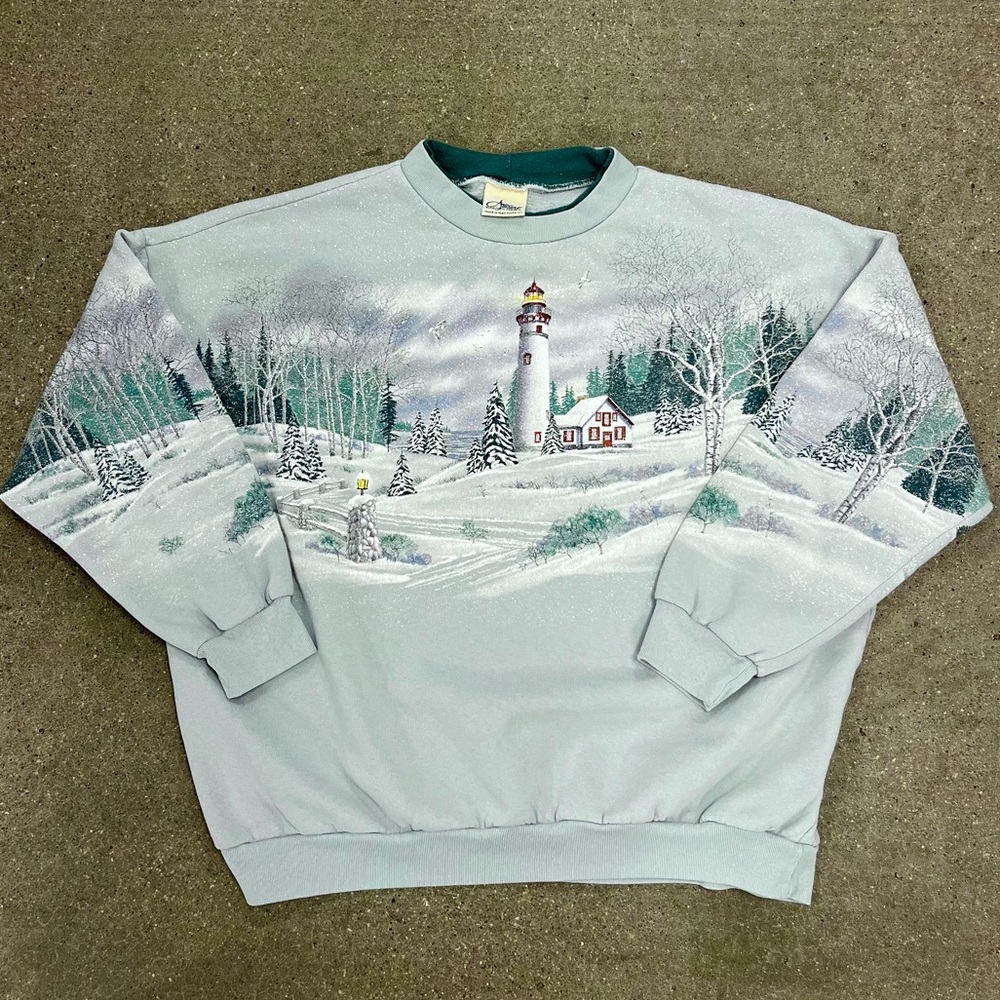 Vintage Women’s Winter Lighthouse Crewneck Sweatshirt Size Large